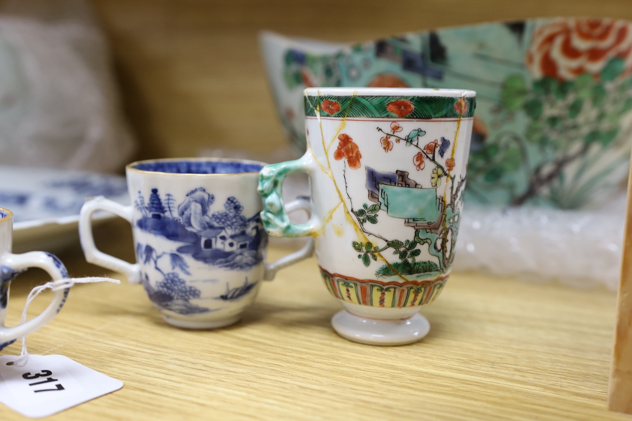 A pair of Chinese Kangxi famille verte cups, together with a large 18th century blue and white plate, and other mixed Chinese porcelain tea wares, including cups, and tea bowls